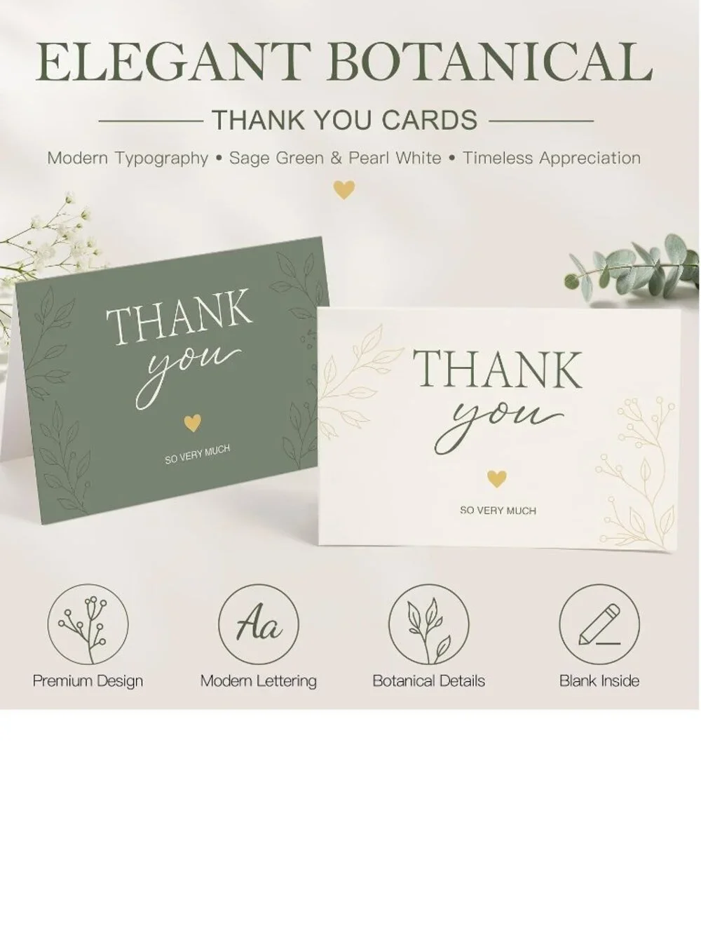 Sage Green & Pearl White Thank You Cards with Envelopes & Stickers